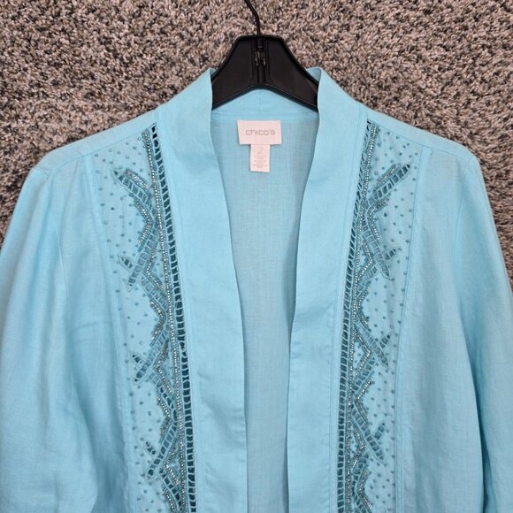 Chicos Cardigan Womens 2 US Large Blue Linen Open Front‎ Beaded Casual Ladies - Picture 4 of 7